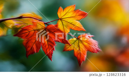 Close-up of colorful maple leaves against autumn forest backdrop, watercolor painting of changing seasons and back to school poster 128623316