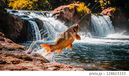 golden carp gracefully jumps out of river against background of river and cascade waterfall swimming up river, the scales of carp sparkle in sun, concept of determination and movement towards goal golden carp gracefully jumps out of river against background of river and cascade waterfall swimming up river, the scales of carp sparkle in sun, concept of determination and movement towards goal 128623333