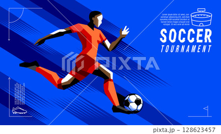 Geometric Vector of Female Soccer Player in Action , Abstract Brush Background Sports 128623457