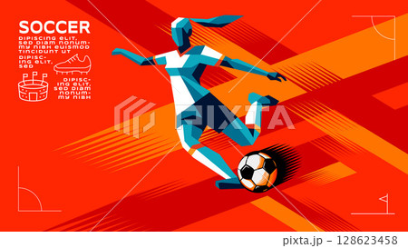 Geometric Vector of Female Soccer Player in Action , Abstract Brush Background Sports Geometric Vector of Female Soccer Player in Action , Abstract Brush Background Sports 128623458