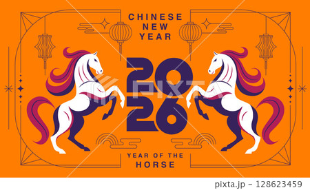 Chinese New Year 2026 ,Year of the Horse ,line art , outline , simple linear , geometric shape Chinese New Year 2026 ,Year of the Horse ,line art , outline , simple linear , geometric shape 128623459