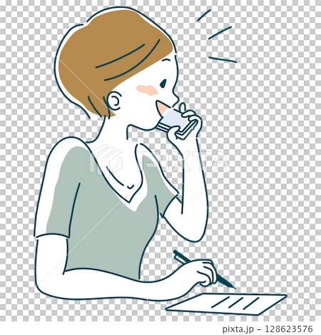 携帯電話で話しながらメモをとる女性 携帯電話で話しながらメモをとる女性 128623576