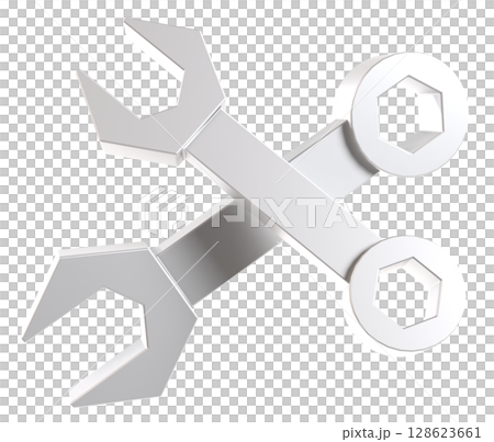 3D illustration of crossed silver spanners 128623661