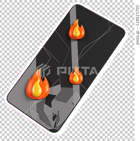 3D illustration of a smartphone on fire and a broken screen 3D illustration of a smartphone on fire and a broken screen 128623705