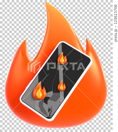 炎上するスマートフォンと破損した画面の3Dイラスト 炎上するスマートフォンと破損した画面の3Dイラスト 128623706