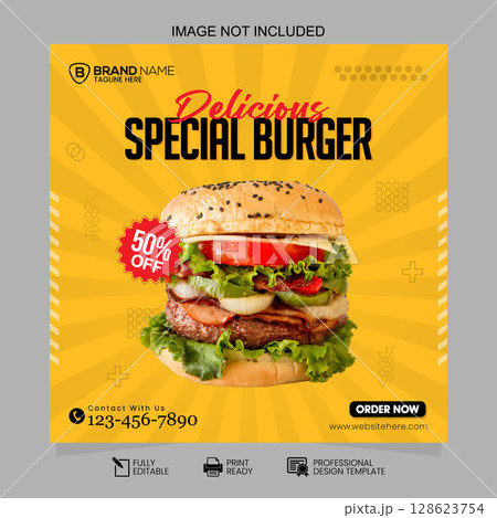 Modern Yellow Delicious Special Burger Social Media Post Vector Template 128623754
