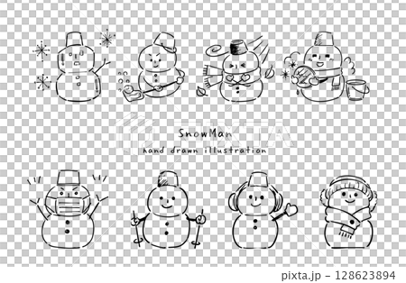 可愛い雪だるまのモノクロ線画イラスト4 可愛い雪だるまのモノクロ線画イラスト4 128623894