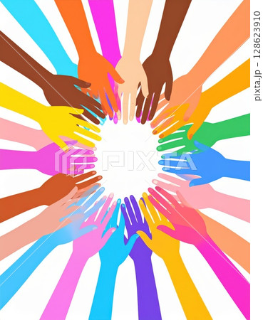《AI画像》多国籍、多世代の人々が手を繋ぐダイバーシティを表現したイラスト 128623910