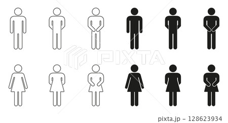 Male And Female Restroom Symbols Icon Set. Gender Specific Bathroom Signage Outline And Silhouette Symbol Collection. Public Facility And Restroom Identification. Isolated Vector Illustration Male And Female Restroom Symbols Icon Set. Gender Specific Bathroom Signage Outline And Silhouette Symbol Collection. Public Facility And Restroom Identification. Isolated Vector Illustration 128623934