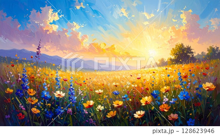 色彩あふれる花畑と夕暮れの風景3 色彩あふれる花畑と夕暮れの風景3 128623946