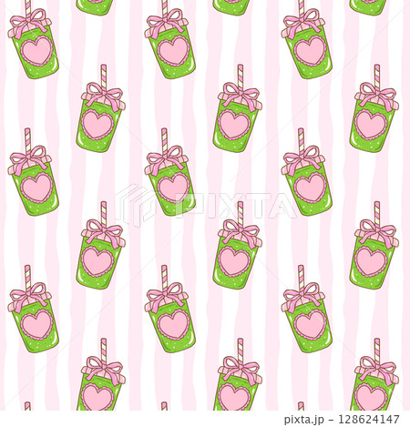 Cute seamless pattern Coquette Ice matcha latte with ribbon bow doodle illustration, cute Girly trendy summer aesthetic lovers background 128624147