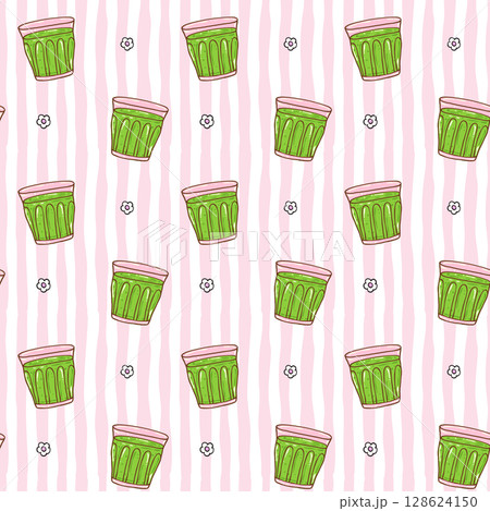 Cute seamless pattern girly matcha latte doodle illustration, cute trendy summer aesthetic lovers background Cute seamless pattern girly matcha latte doodle illustration, cute trendy summer aesthetic lovers background 128624150