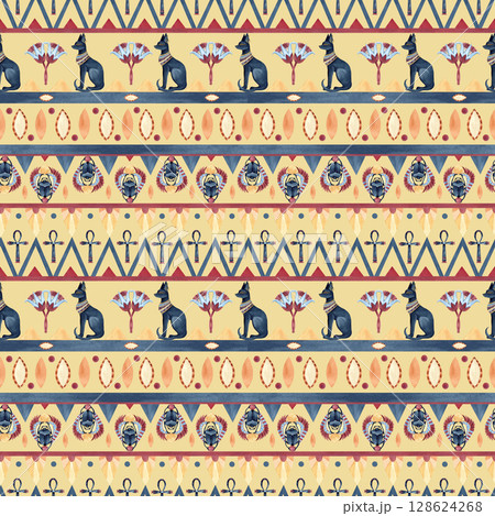 Ancient egyptian seamless pattern with Bastet, Scarab beetle, Ankh. Religion icon, symbols ornament. Abstract lotus. Watercolor illustration isolated from background. For textile, packaging, souvenir 128624268