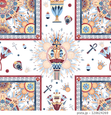 Arabesque design seamless pattern with lotus ancient column, eye of Horus, ethnic ornament, religion icons. Watercolor illustration isolated from background for silk scarf, textile, fabric, decor. 128624269