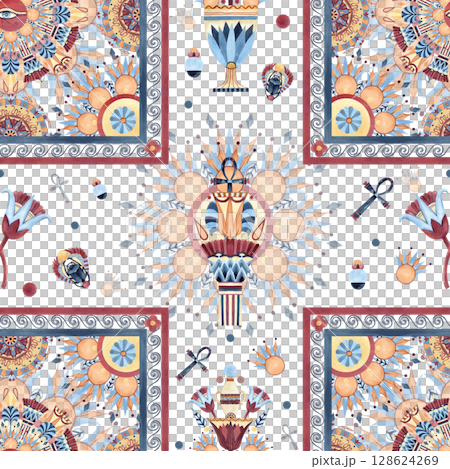 Arabesque design seamless pattern with lotus ancient column, eye of Horus, ethnic ornament, religion icons. Watercolor illustration isolated from background for silk scarf, textile, fabric, decor. 128624269