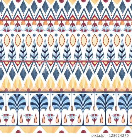 Ancient ethnic ornament seamless pattern, folklore geometric shapes, symbols. Abstract lotus, palm, horizontal lines. Watercolor illustration isolated from background. Textile, packaging, souvenirs Ancient ethnic ornament seamless pattern, folklore geometric shapes, symbols. Abstract lotus, palm, horizontal lines. Watercolor illustration isolated from background. Textile, packaging, souvenirs 128624270