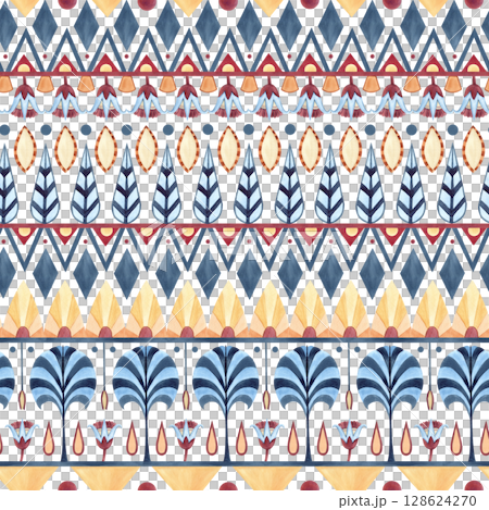 Ancient ethnic ornament seamless pattern, folklore geometric shapes, symbols. Abstract lotus, palm, horizontal lines. Watercolor illustration isolated from background. Textile, packaging, souvenirs Ancient ethnic ornament seamless pattern, folklore geometric shapes, symbols. Abstract lotus, palm, horizontal lines. Watercolor illustration isolated from background. Textile, packaging, souvenirs 128624270