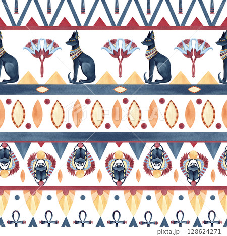 Ancient egyptian seamless pattern with Bastet, Scarab beetle, Ankh. Religion icon, symbols ornament. Abstract lotus. Watercolor illustration isolated from background. For textile, packaging, souvenir 128624271