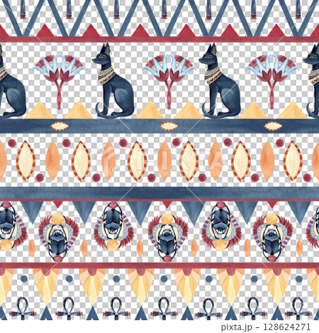 Ancient egyptian seamless pattern with Bastet, Scarab beetle, Ankh. Religion icon, symbols ornament. Abstract lotus. Watercolor illustration isolated from background. For textile, packaging, souvenir 128624271