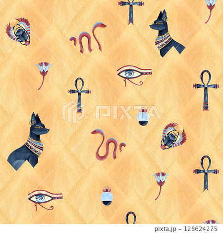 Egyptian seamless pattern with Bastet, snake, Ankh, Scarab beetle, lotus and eye of Horus. Watercolor illustration isolated on abstract pyramids background for souvenir products, textile, decoration 128624275