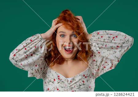 Surprised pretty woman expresses Wow, Cant Believe. Impressed Lady Trying Surprised pretty woman expresses Wow, Cant Believe. Impressed Lady Trying 128624421