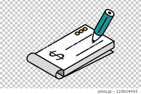 小切手帳にサインするシンプルな線画アイコン（アイソメトリックイラスト） 128624443