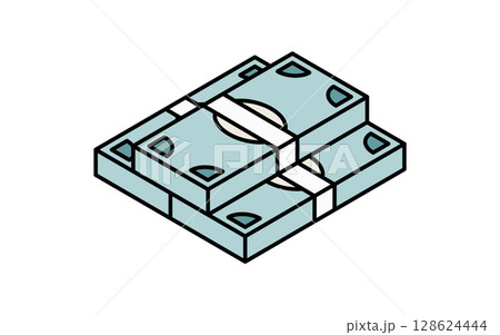 束ねられたお札のシンプルな線画アイコン（アイソメトリックイラスト） 128624444
