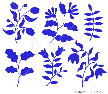 Set of abstract blue flowers and leaves in folk style. Modern vector pattern. Set of abstract blue flowers and leaves in folk style. Modern vector pattern. 128624528