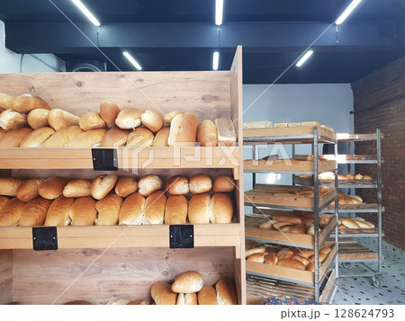 Baked Breads on Wooden Shelves in a Bakery Displaying Warm Crusty Loaves Ready 128624793