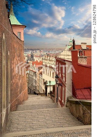 Old town street and aerial view of Prague in Czech Republic 128624798