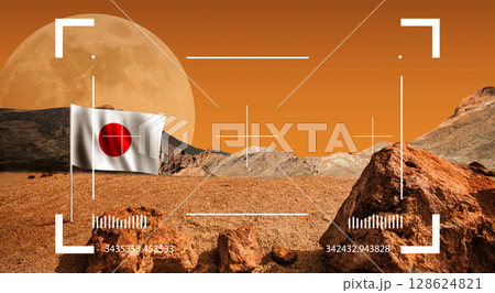 Flag of Japan on Mars planet surface. Cosmos discover expedition 128624821
