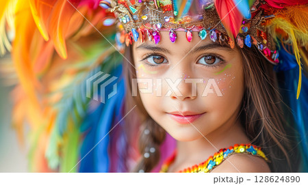 Young girl with colorful feather headdress and vibrant face paint showcasing festive spirit 128624890