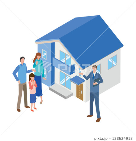 戸建て住宅を紹介する不動産スタッフ 128624918