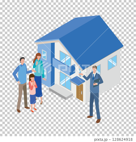 戸建て住宅を紹介する不動産スタッフ 128624918