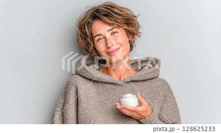 Smiling woman holding skincare cream in cozy sweater against a neutral background 128625233