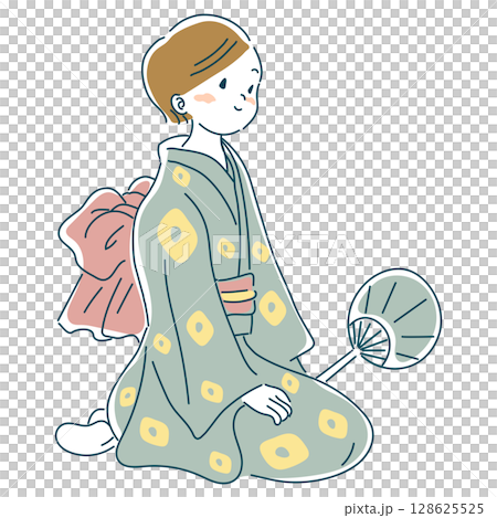 A woman in a yukata holding a fan 128625525