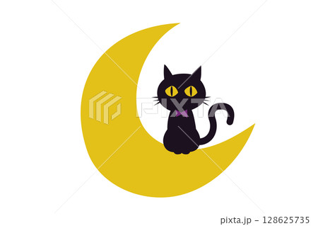三日月に座る黒猫の可愛いハロウィンイラスト 三日月に座る黒猫の可愛いハロウィンイラスト 128625735