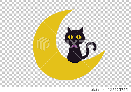 三日月に座る黒猫の可愛いハロウィンイラスト 三日月に座る黒猫の可愛いハロウィンイラスト 128625735