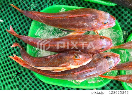 日本の魚市場に並ぶ新鮮な魚 日本の魚市場に並ぶ新鮮な魚 128625845