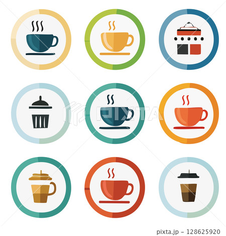 カフェとコーヒーのアイコンセット フラットデザインのイラスト素材01 128625920
