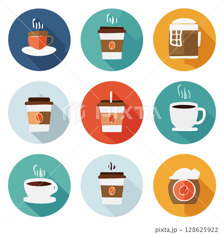 カフェとコーヒーのアイコンセット フラットデザインのイラスト素材03 128625922