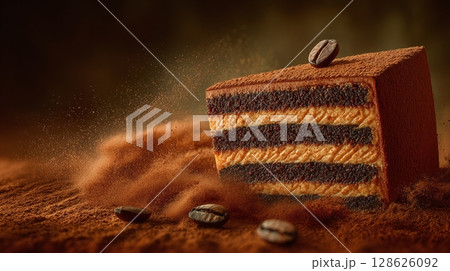 Coffee cake delight with layered goodness, cocoa dusting, and aromatic coffee beans. A dessert indulgence. 128626092