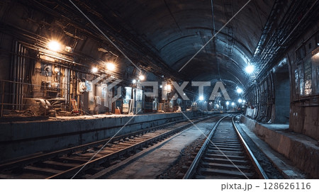 An eerie shot of an underground tunnel with concrete walls and train tracks, illuminated by sparse lighting, creating a sense of depth and mystery. 128626116