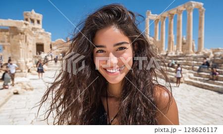 Smiling Woman at Historical Site: Close-up of a smiling woman with long hair, ancient ruins with pillars, and a bright blue sky in the background. 128626117