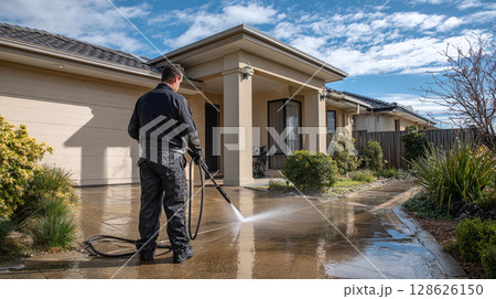 Man Pressure Washing Driveway. Enhancing outdoor spaces with expert power washing, cleaning, and maintenance services for a pristine and welcoming home exterior. 128626150
