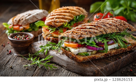 Delicious sandwiches with fresh vegetables and cheese, served on a wooden board. A tasty and healthy meal, perfect for a quick lunch or snack. 128626153