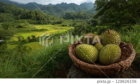 Durian fruit harvest in a woven basket overlooking rice terraces and mountains. A scenic rural vista with local produce. 128626156