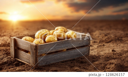 Rustic box overflowing with freshly harvested potatoes at sunset. Golden light illuminates the earthy scene. 128626157