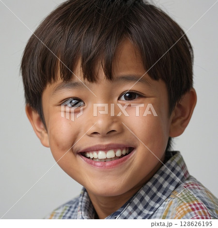 チェック柄シャツを着た笑顔の男の子のアップポートレート 128626195