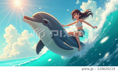 イルカと遊ぶ女の子 イルカと遊ぶ女の子 128626219